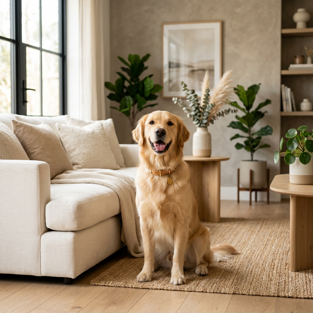 A healthy Golden Retriever sitting outdoors